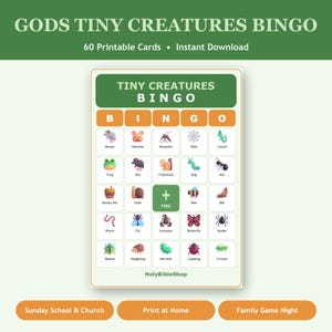 May include: A printable bingo game card titled Tiny Creatures Bingo featuring a grid of twenty-five squares. Each square contains a colorful illustration of a small animal or insect with its name below, including a mouse, frog, snail, worm, and bee.
