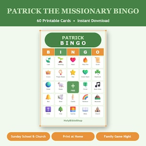 Puede incluir: Una tarjeta de juego Patrick Bingo que presenta una cuadrícula con iconos que incluyen una hoja, una plántula, un corazón, fuego, un pergamino, una corona, un rosario, una estrella, un corazón verde, un trébol, un globo terráqueo, una oveja, un espacio libre, un trébol, una nota musical, una campana, una paloma, una vela, un arcoíris, una montaña, una cruz, un árbol, un amanecer, una biblia y una iglesia.