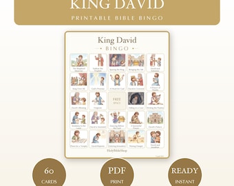 King David Bingo | Printable Bible Bingo Game for Kids | 60 Cards Sunday School VBS Christian Watercolor PDF