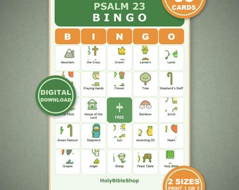 Bingo del Salmo 23, 60 carte cristiane stampabili, Il Buon Pastore, gioco per la scuola domenicale, attività biblica per bambini, memorizzazione delle Scritture, chiesa per bambini