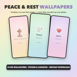 Può includere: Tre schermi di smartphone che mostrano sfondi digitali con gradienti pastello. Lo schermo a sinistra mostra una croce di legno e il testo Rest. Lo schermo centrale presenta una colomba bianca e la parola Peace. Lo schermo a destra mostra un cuore rosso e la parola Still.