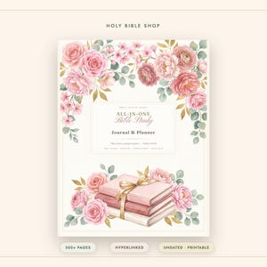 Op de afbeelding: Een digitale bijbelstudie-journal en planner-omslag met aquarel roze rozen en groene bladeren. De tekst luidt Holy Bible Shop, All-in-One Bible Study, Journal & Planner en Psalm 119:105. Een stapel van drie boeken met een gouden lint is afgebeeld.
