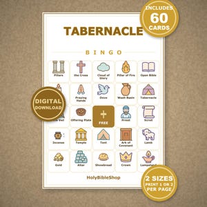 May include: A Tabernacle Bingo game card featuring 25 squares with icons including pillars, a cross, a dove, a priest, and a lamb. The card includes text labels for each icon, the title Tabernacle Bingo, and the shop name HolyBibleShop.