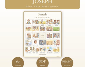 Bingo de José / Juego de bingo bíblico imprimible para niños / 60 tarjetas para la escuela dominical, campamento bíblico de verano, acuarela cristiana (PDF)