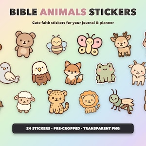 May include: A collection of 24 digital stickers featuring cartoon animals including a bear, bee, butterfly, deer, donkey, dove, eagle, fox, frog, goat, horse, sheep, leopard, lion, grasshopper, and owl, with the text BIBLE ANIMALS STICKERS.