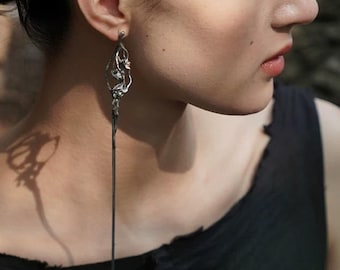 Oxidized Sterling Silver Tassel Earrings: Long Chain Drop Design With Zircon, Sculptural Earrings