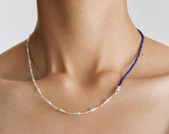 Lapis Lazuli Asymmetrical Beaded Necklace: Textured Sterling Silver Chain, Simple Minimalist Jewelry