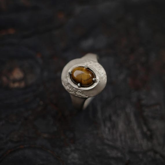 Tiger's Eye Ring: Solitaire Ring for Confidence and Energy, Matte Sterling Silver, Adjustable Band