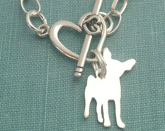 Chihuahua Dog Chain Bracelet, Sterling Silver Personalize Pendant, Breed Silhouette Charm, Rescue Shelter, Memory Gift