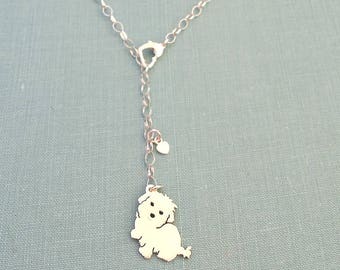 Custom Dog Necklace, Lariat TaGette Sterling Silver, Personalize Pendant, Silhouette Charm, Dog Memorial jewelry Rescue