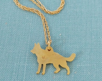 German Shepherd dog Necklace, 14kt gold filled & Brass Personalize GSD Pendant, Breed Silhouette Charm Rescue Shelter, Memorial Gift