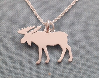 Small Sterling Silver Moose Charm Necklace, Wildlife Silhouette personalized Pendant