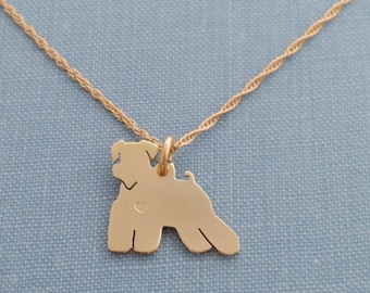 Miniature Schnauzer Dog Necklace, 14kt gold filled chain, jewelers brass Personalize Pendant, Breed Silhouette Charm Rescue, Dog Lover Gift