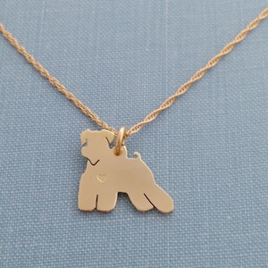 Miniature Schnauzer Dog Necklace, 14kt gold filled chain, jewelers brass Personalize Pendant, Breed Silhouette Charm Rescue, Dog Lover Gift image 1