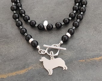 Australian Shepherd Dog Black Onyx Necklace, Sterling Silver, Personalize Pendant, Breed Silhouette Charm Rescue Shelter