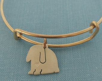 LOP Bunny Adjustable Bangle Bracelet, Solid Brass Personalize Pendant Breed Silhouette Charm Rescue Shelter pet memorial jewelry