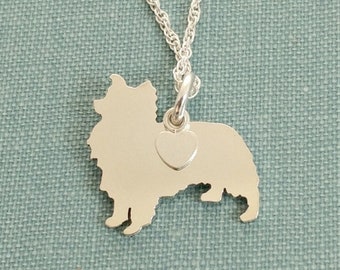 Sheltie Dog Necklace, Sterling Silver Personalize Pendant, Breed Silhouette Charm Rescue Shelter, Mothers Day Gift