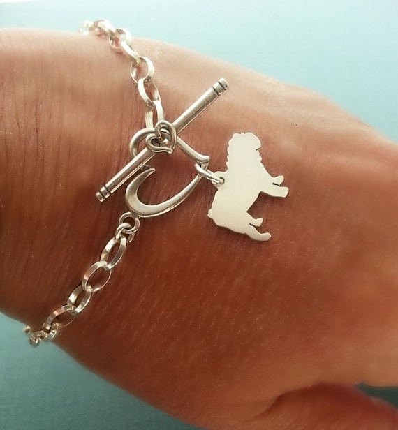 English Bulldog Dog Chain Bracelet Sterling Silver Personalize Pendant Breed Silhouette Charm Rescue Shelter Pet Memorial Gift