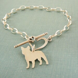 French Bulldog Dog Chain Bracelet, Frenchie Sterling Silver Personalize Pendant, Breed Silhouette Charm, Rescue Shelter, Mothers Day Gift