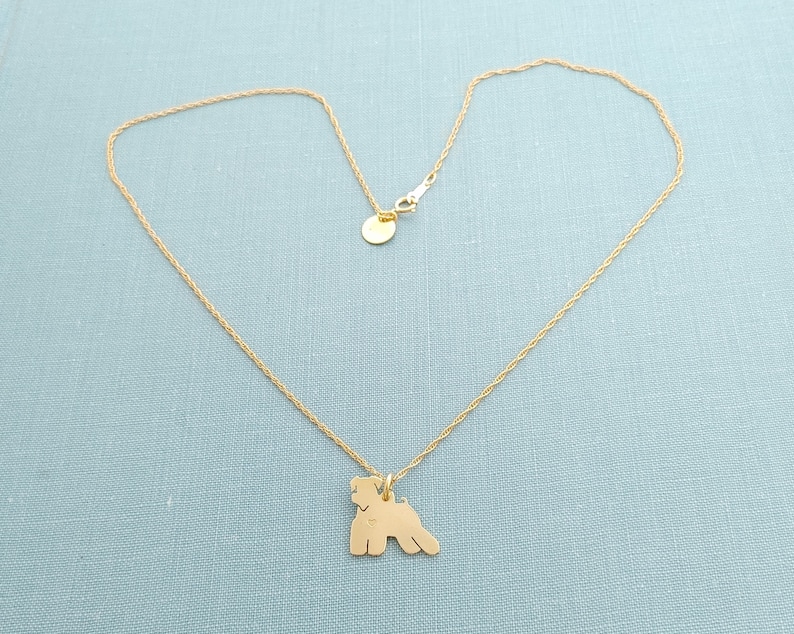 Miniature Schnauzer Dog Necklace, 14kt gold filled chain, jewelers brass Personalize Pendant, Breed Silhouette Charm Rescue, Dog Lover Gift image 4