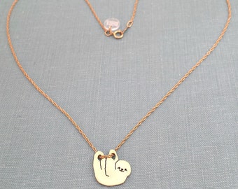 Hanging Sloth Necklace, Brass Pendant Silhouette Charm, 14kt gold filled chain Animal lover