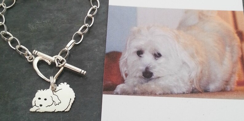 Custom TaGette Charm Chain Bracelet .. Sterling Silver Maltese Pet Portrait Dog silhouette Jewelry Memoralize Keepsake, Mothers Day image 3