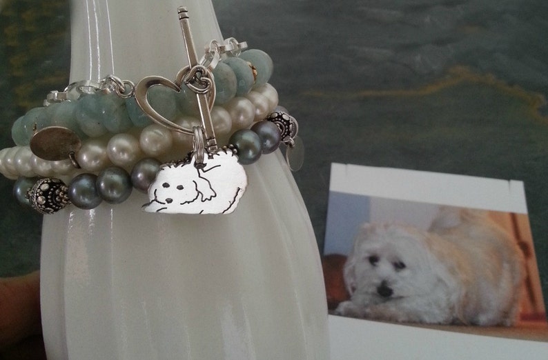 Custom TaGette Charm Chain Bracelet .. Sterling Silver Maltese Pet Portrait Dog silhouette Jewelry Memoralize Keepsake, Mothers Day image 2