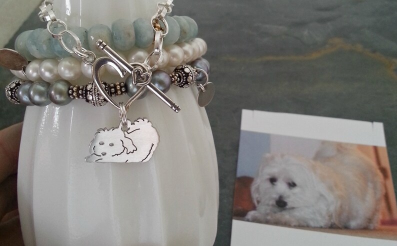 Custom TaGette Charm Chain Bracelet .. Sterling Silver Maltese Pet Portrait Dog silhouette Jewelry Memoralize Keepsake, Mothers Day image 4