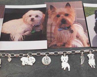 Sterling Silver Pet Portrait Dog silhouette Jewelry, Custom TaGette Multi Charm Chain Bracelet, Memoralize, Keepsake Gift