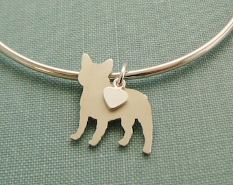 French Bulldog Dog Bangle Bracelet, Sterling Silver Personalize Pendant, Breed Silhouette Charm, Rescue Shelter, Mothers Day Gift