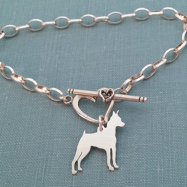 Miniature Pinscher Dog Chain Bracelet, Sterling Silver Personalize Pendant, Breed Silhouette Charm, Rescue Shelter, Memorial Gift
