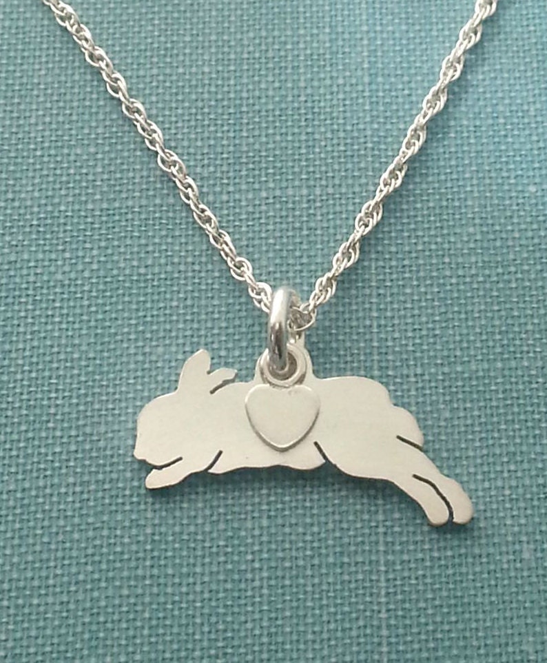 May include: A silver necklace with a delicate chain and a pendant shaped like a jumping rabbit with a small heart charm.