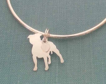 Staffordshire Bull Terrier Dog Bangle Bracelet, Sterling Silver Personalize Pendant, Breed Silhouette Charm, Rescue Shelter, Memory Gift