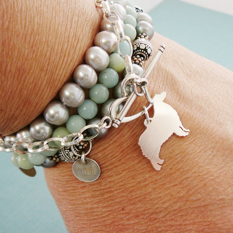 Breed Silhouette Charm Australian Shepherd Chain Bracelet Rescue Shelter Sterling Silver Personalize Pendant Mothers Day Gift