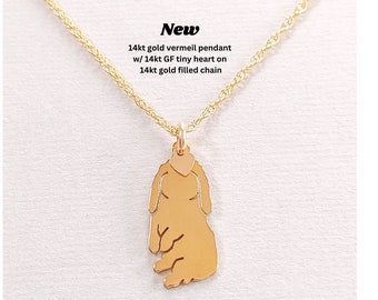 Playful Lop Bunny Rabbit Necklace, 14kt gold filled & 14 kt Gold Vermeil Pendant, Breed Silhouette Charm Rescue Shelter, Memorial Gift