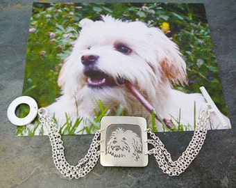 Bracelet, Dog Art, Sterling Silver, Custom Pet Portrait, personalized .. Your Dog as a Pendant Bracelet.. Solid Back, Head Shot Body