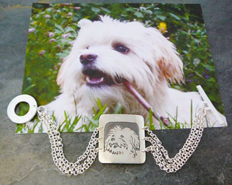 Bracelet, Dog Art, Sterling Silver, Custom Pet Portrait, personalized .. Your Dog as a Pendant Bracelet.. Solid Back, Head Shot Body image 1