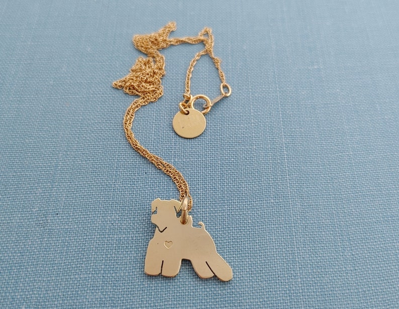 Miniature Schnauzer Dog Necklace, 14kt gold filled chain, jewelers brass Personalize Pendant, Breed Silhouette Charm Rescue, Dog Lover Gift image 5