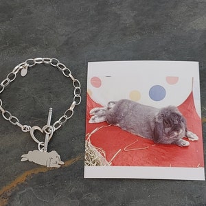 Custom Rabbit TaGette Charm Chain Bracelet .. Sterling Silver Bunny Pet Portrait silhouette Jewelry Memoralize Keepsake