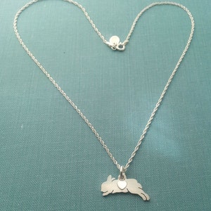 May include: A silver necklace with a delicate chain and a pendant shaped like a jumping rabbit with a small heart on its chest.