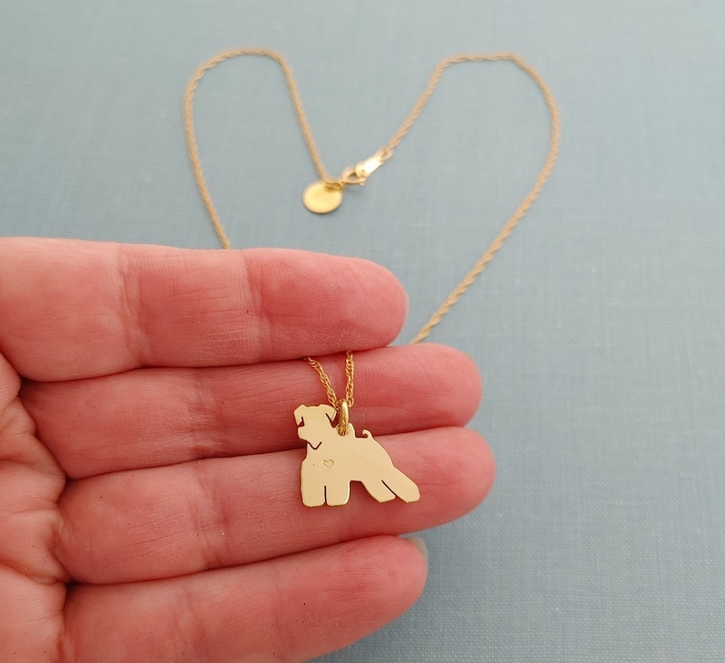 Miniature Schnauzer Dog Necklace, 14kt gold filled chain, jewelers brass Personalize Pendant, Breed Silhouette Charm Rescue, Dog Lover Gift image 3