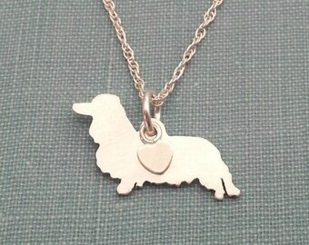 Longhair Dachshund dog sterling silver necklace  Doxie Personalize Pendant pet silhouette jewelry memorial gift