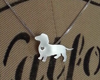 Dachshund Dog Necklace, Sterling Silver Doxie Small Pendant, Breed Silhouette, Resue Shelter, Mothers Day Gift