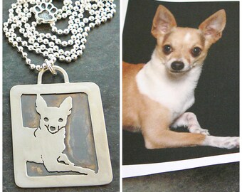 Sterling Silver Necklace - personalized Dog Art Pet Portrait - Custom Silhouette Pet as a Pendant Necklace - Solid Back, Head Shot Chihuahua
