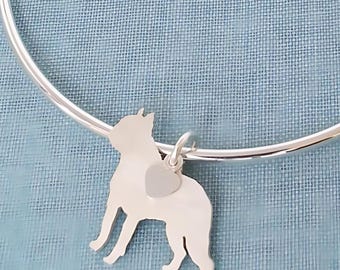 Boston Terrier Dog Bangle Bracelet, Sterling Silver Personalize Pendant, Breed Silhouette Charm, Rescue Shelter, Mothers Day Gift