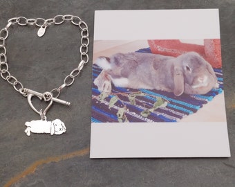 Bracelet de chaîne de charme TaGette de lapin personnalisé... Silhouette de portrait d'animal de compagnie de lapin en argent sterling bijoux mémoriser souvenir