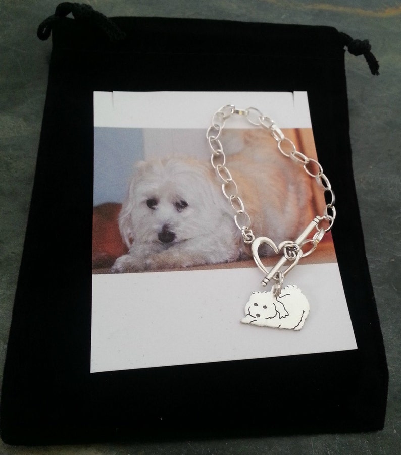 Custom TaGette Charm Chain Bracelet .. Sterling Silver Maltese Pet Portrait Dog silhouette Jewelry Memoralize Keepsake, Mothers Day image 5
