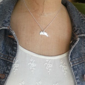 May include: A silver necklace with a delicate chain and a pendant shaped like a leaping rabbit. The pendant has a small heart cutout in the center.