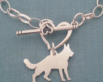 German Shepherd Dog Chain Bracelet, Sterling Silver Personalize Pendant, Breed Silhouette Charm, Rescue Shelter, Memory Gift