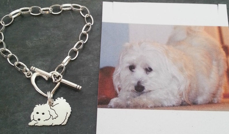 Custom TaGette Charm Chain Bracelet .. Sterling Silver Maltese Pet Portrait Dog silhouette Jewelry Memoralize Keepsake, Mothers Day image 1